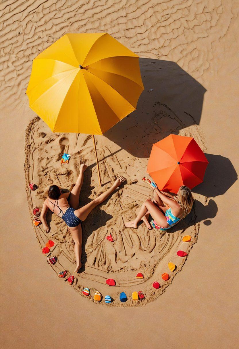 A vibrant beach scene featuring diverse models in stylish swimwear, engaging in a playful language lesson with illustrated syntax diagrams in the sand. The background shows a bright sun and colorful beach umbrellas. Incorporate elements of fashion and education harmoniously blending together. lively colors, summer vibe, sunny atmosphere.
