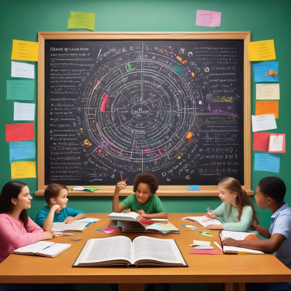 An open book surrounded by colorful grammar symbols like commas, periods, and question marks, with a diverse group of people discussing language over a table, showcasing a vibrant classroom environment. A chalkboard in the background filled with grammar rules and diagrams. super-realistic. vibrant colors. educational theme.